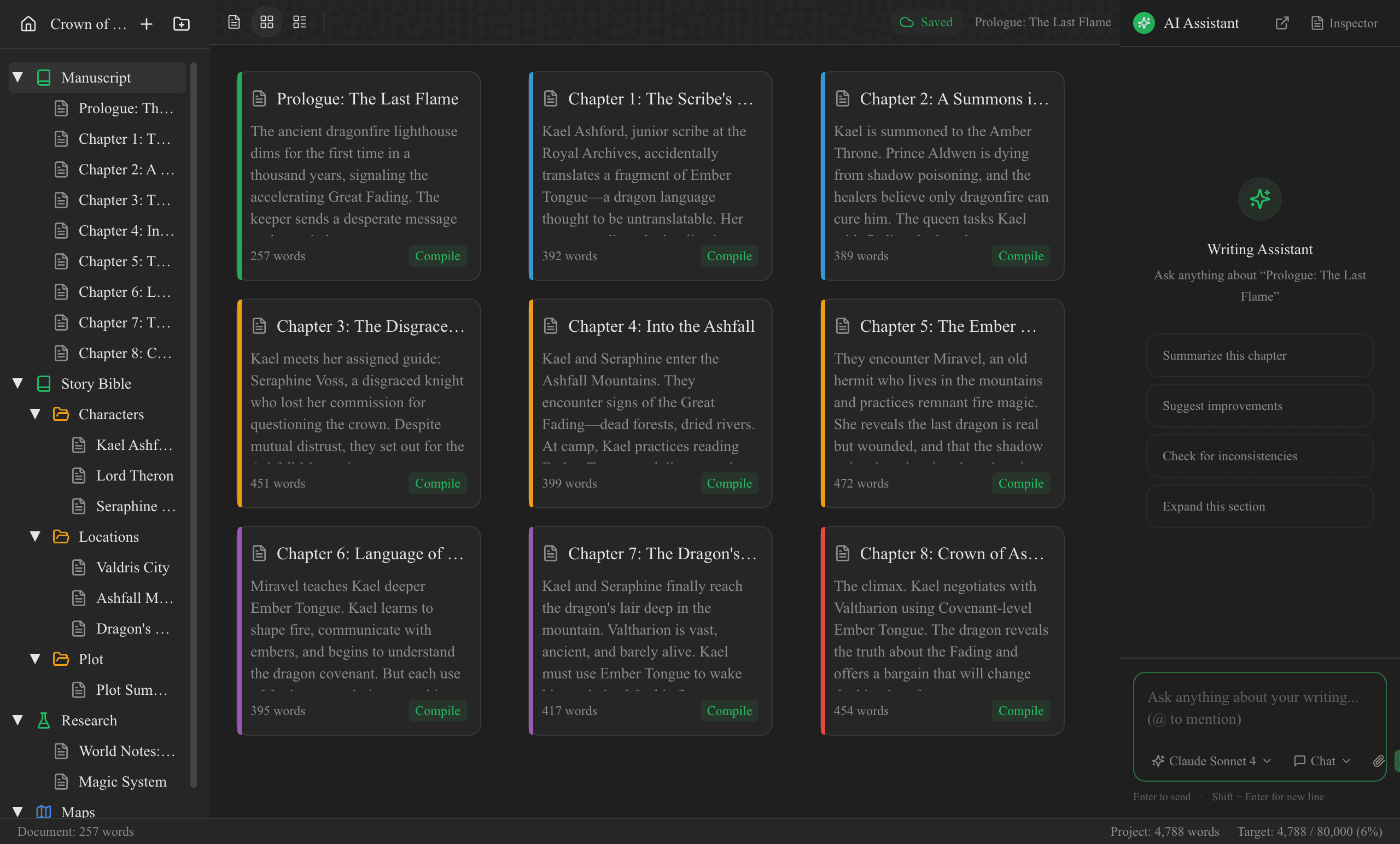 Corkboard view showing index cards for each chapter with synopses