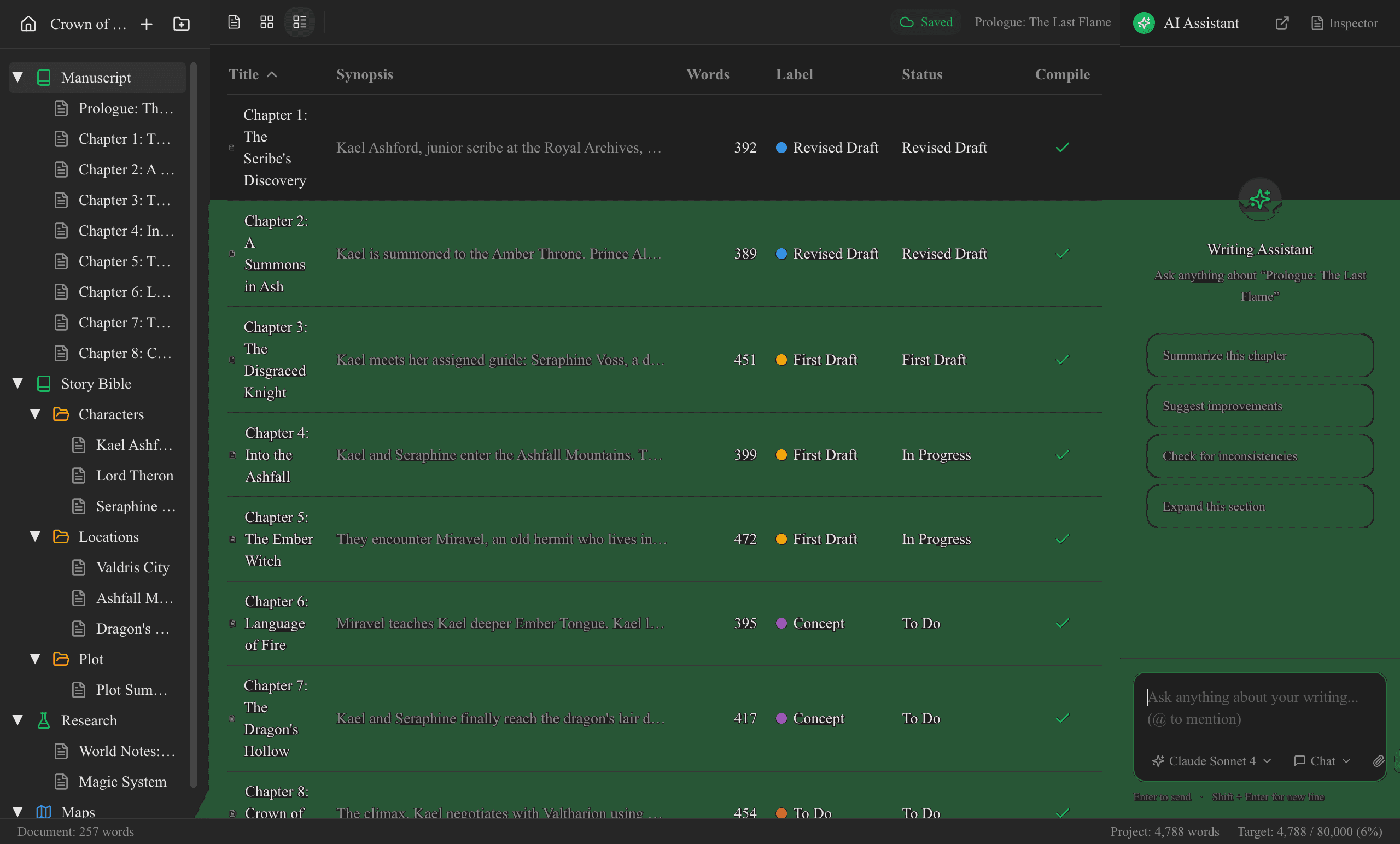 Outliner view with word counts, labels, and statuses for every document