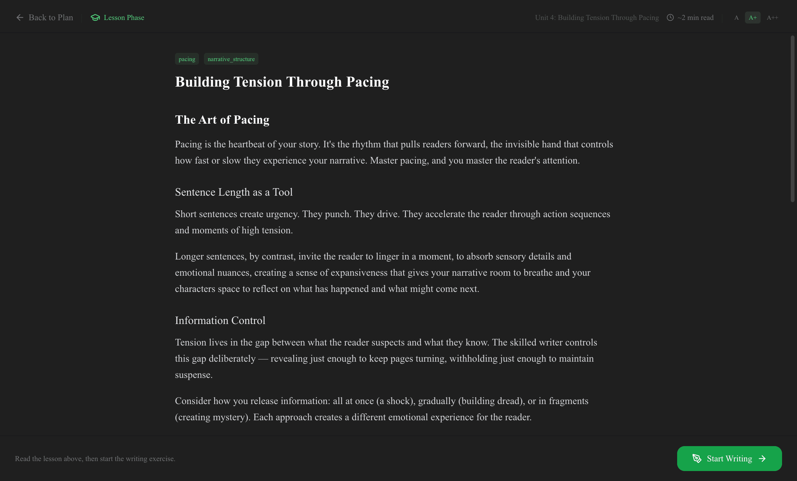 Writing coach lesson with interactive teaching content and guided writing exercises